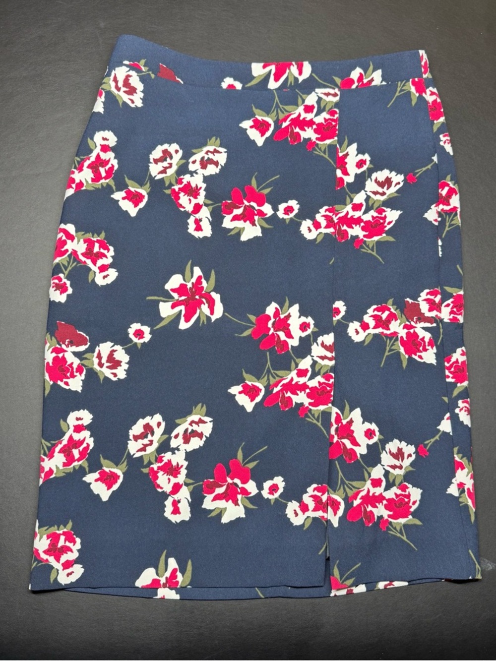 J. Crew Navy Midi Skirt with Pink & White Floral Print